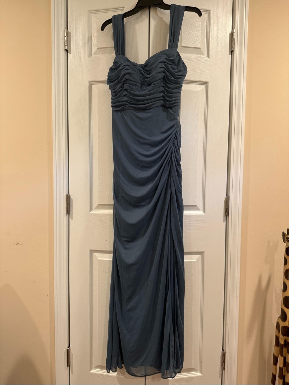 Sleeveless Ruched Evening Gown in Slate Blue